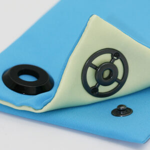 Snap button components shown with layered fabric construction